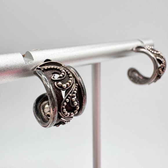 Vintage Silver Bali Style Scroll Beaded Wide Huggie Hoop Earrings Patina 4.08 G - Picture 5 of 15